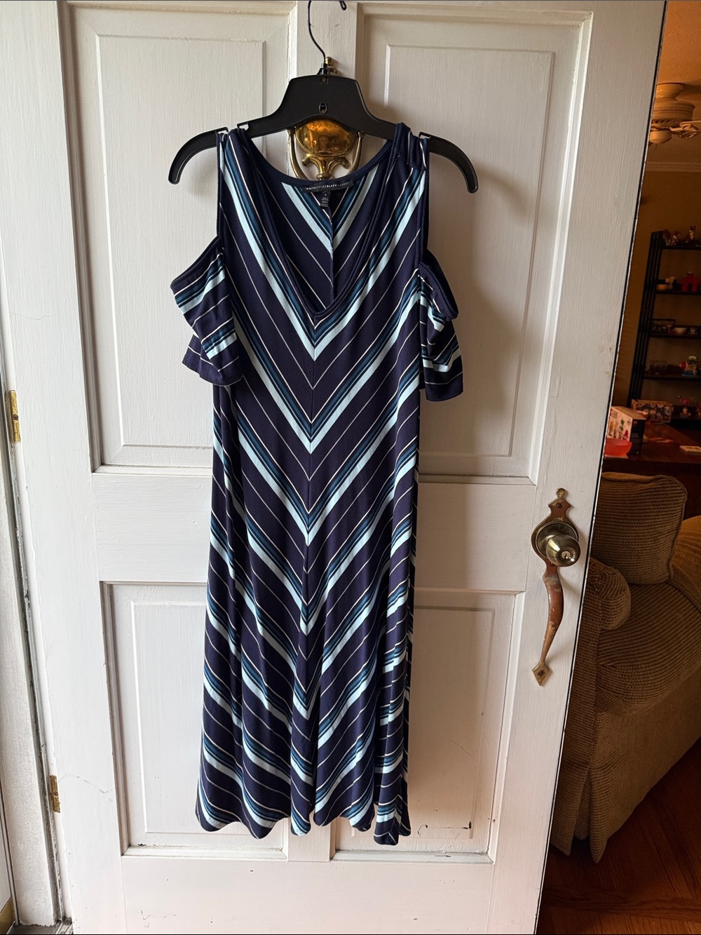 White House Black Market Navy and Light Blue Striped Cold-Shoulder Maxi Dress
